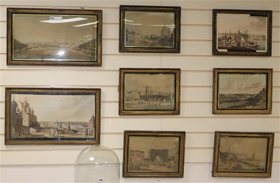 A set of eight early 19th century coloured lithographs of Napoleonic War views, in verre eglomise frames